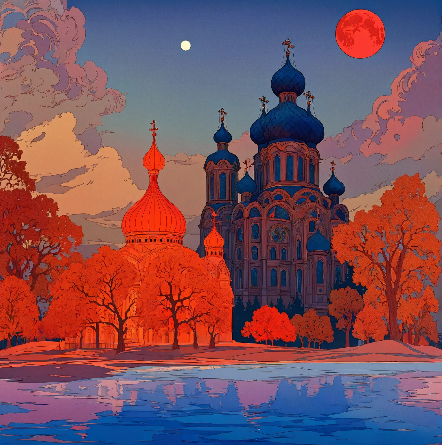 A dramatic Orthodox church against a night sky with a large red moon, inspired by the Slavic epic illustrations of Ivan Bilibin, the luminous architectural paintings of Igor Grabar and the ornate art nouveau designs of Alphonse Mucha, with the intricate details and grand scale of Yuri Ivanovich Pimenov's Cathedral of the Sun and the fantastical digital art of Beeple, all in the distinctive style of Alexander Deineka and Andrey Esionov, with an precisely composed, photorealistic rendering.structure，snowflake，White