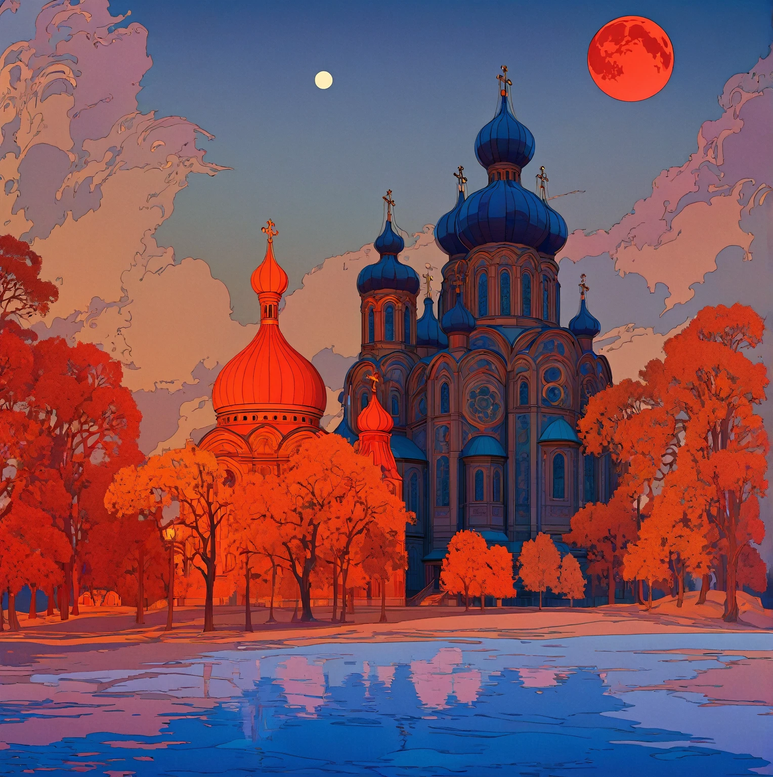 A dramatic Orthodox church against a night sky with a large red moon, inspired by the Slavic epic illustrations of Ivan Bilibin, the luminous architectural paintings of Igor Grabar and the ornate art nouveau designs of Alphonse Mucha, with the intricate details and grand scale of Yuri Ivanovich Pimenov's Cathedral of the Sun and the fantastical digital art of Beeple, all in the distinctive style of Alexander Deineka and Andrey Esionov, with an precisely composed, photorealistic rendering.structure，snowflake，White