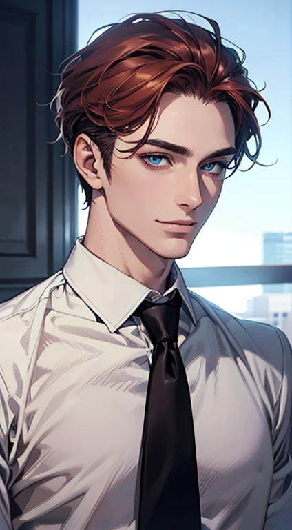 (Highest quality,4K,8K,High resolution,masterpiece:1.2),Super detailed,(Realistic,photoRealistic,photo-Realistic:1.37),1 personld,Mature Man,Beautiful skin、Profile、very handsome,Expressionless,smile,Short gray red hair,blue eyes,Sharp Eyes,A perfect face without a doubt,Businessman,Office Background,Cinema Lighting,HDR image,tie.