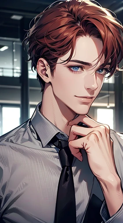 (Highest quality,4K,8K,High resolution,masterpiece:1.2),Super detailed,(Realistic,photoRealistic,photo-Realistic:1.37),1 personld,Mature Man,Beautiful skin、Profile、very handsome,Expressionless,smile,Short gray red hair,blue eyes,Sharp Eyes,A perfect face without a doubt,Businessman,Office Background,Cinema Lighting,HDR image,tie.