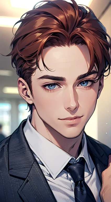 (Highest quality,4K,8K,High resolution,masterpiece:1.2),Super detailed,(Realistic,photoRealistic,photo-Realistic:1.37),1 personld,Mature Man,Beautiful skin、Profile、very handsome,Expressionless,smile,Short gray red hair,blue eyes,Sharp Eyes,A perfect face without a doubt,Businessman,Office Background,Cinema Lighting,HDR image,tie.