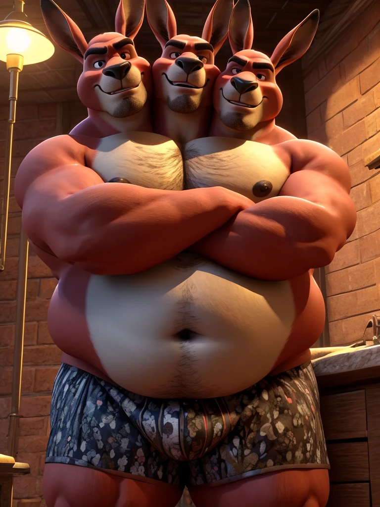 solo, kangaroo, canine, twins, 60 year old male, different facial expressions, three identical heads attached to the same body, kangaroo ears, bald, red fur, masculine, three necks, eyes, adult, male, (3d, by Disney), (overweight, fat, obese, big belly), beards, stubble, basement background, (shirtless, navel, male nipples, boxers), correct hands, correct anatomy, (ultradetailed, best quality, detailed masterpiece, highly detailed masterpiece, 4k, professional cartoon:1.7), (natural pose, sexy pose), ((arms crossed:1.3))