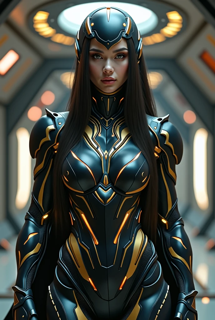 A beautiful and elegant nine-headed beauty from the East, slim , Overwatch D.va style , sexy , All black with gold pattern, Healthy beauty with muscles, Matte thin black tights covering the entire body, long straight hair, Futuristic design, Same thing, 8k , Background inside a future spaceship, Helmet with metal accents like Iron Man suit, visible face, hands, elbows, shoulders, knees, boots , No skin exposure, Draw me a sexy female combat suit. head->Full body drawing including feet. Image ratio horizontal 16: Vertical 9.