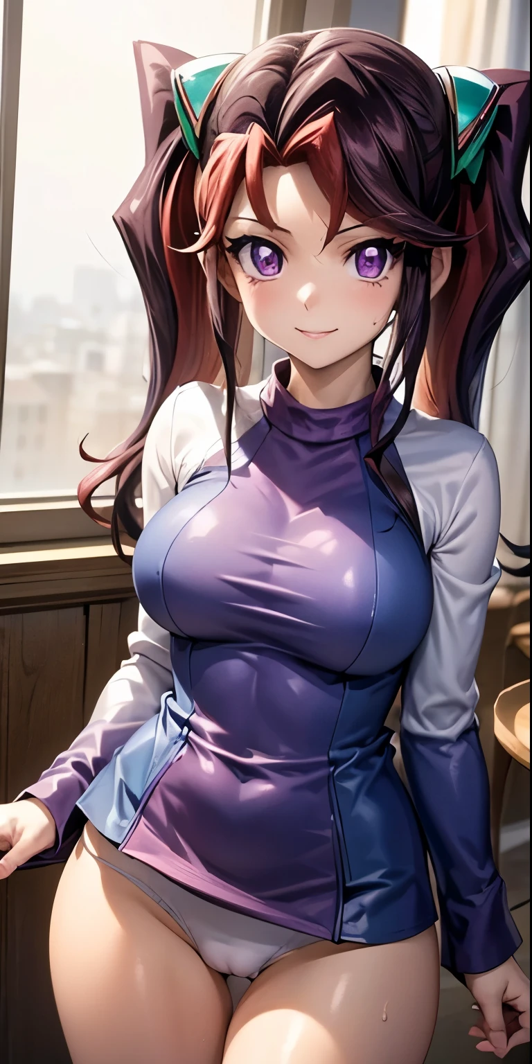 1 Female,High definition,high resolution,Ultra-realistic,8K, yu-gi-oh! arc-v,
akaba_ray, 1girl, solo, 18 year-old girl, long hair, twintails, purple eyes, long-sleeved shirt, hair ornament, dress,European,sexy,Upper body close-up,Photographed from the front,Dynamic Angles,blush, (big ), happy, wink the eye,facial, sweat ,(wide thighs:1.4),(white panties),(show panties),(pubic hair),(cameltoe)