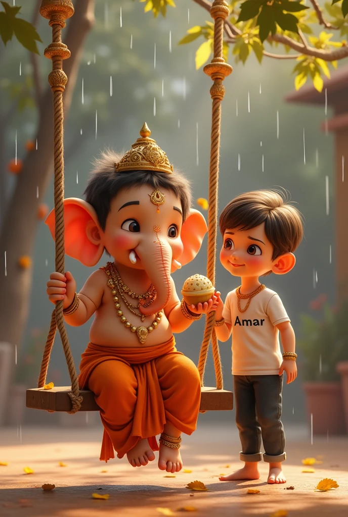 "A beautiful scene featuring Lord Ganesha sitting on a swing, depicted in a childlike form. He is holding a modak in one hand, adorned in traditional golden jewelry and an orange dhoti. Beside him stands a small boy with short brown hair, wearing a white T-shirt with the Latter 'J' printed on it and dark pants. The boy gazes up at Lord Ganesha with curiosity and affection. The background shows a serene temple setting, with gentle rain falling, adding to the peaceful and heartwarming atmosphere."