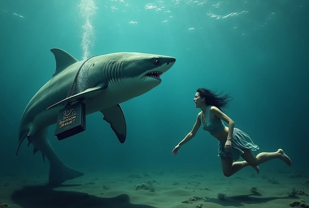 A great white shark furry (anthropomorphic animal, in some Mormon themed clothing) rushes up of a woman swimming and offers her religious pamphlets, while it holds a bible tucked in one fin and asks her in big clear letters 'Do you know Jesus' across the bottom of the screen, the shark is a Jehovah's witness surreal under water scene, panicked woman in swimsuit