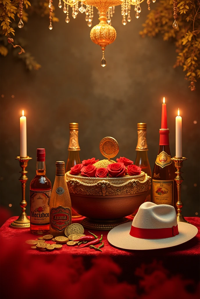 Luxury cabaret, with lots of details, full of gold and in the middle several macumba works, umbanda, clay bowl, with farofa,  chili pepper, red roses , dados, gold-coins, white and red candles lit and melted, bottles of whiskey and bottles of beer, red smoke at the bottom of the image, a white Panama hat with a red band, without any person

