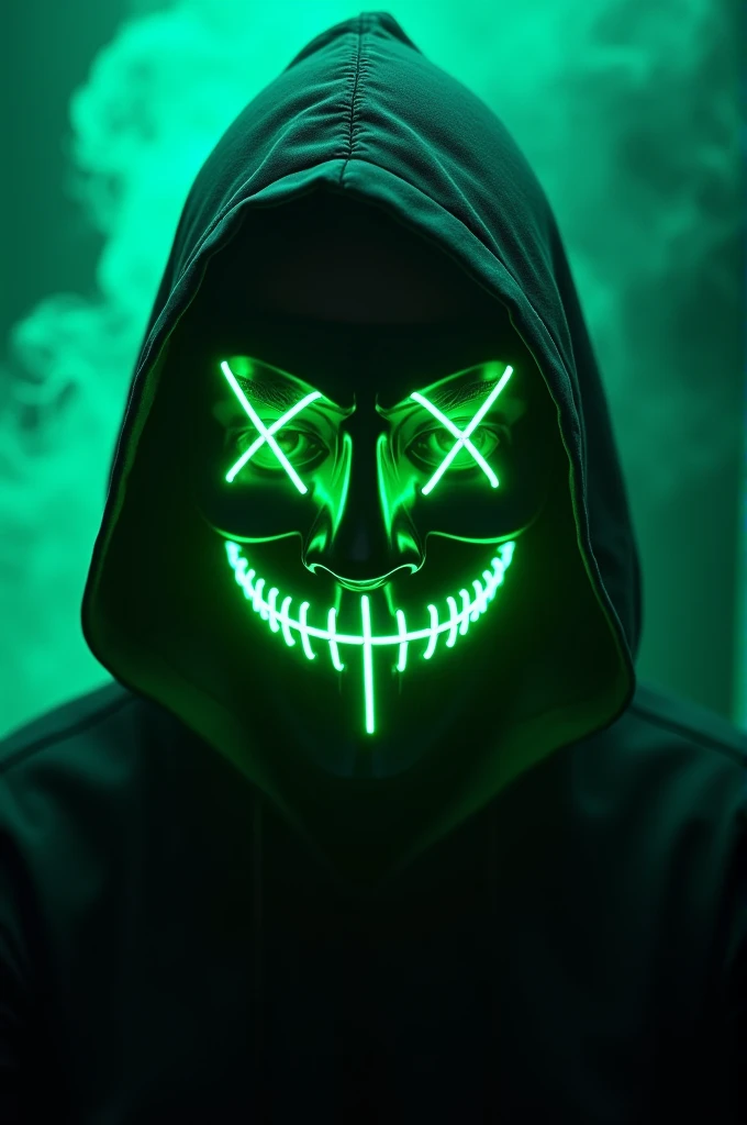 Close up of man in black hoodie wearing a glowing green neon mask with dark background and smoke