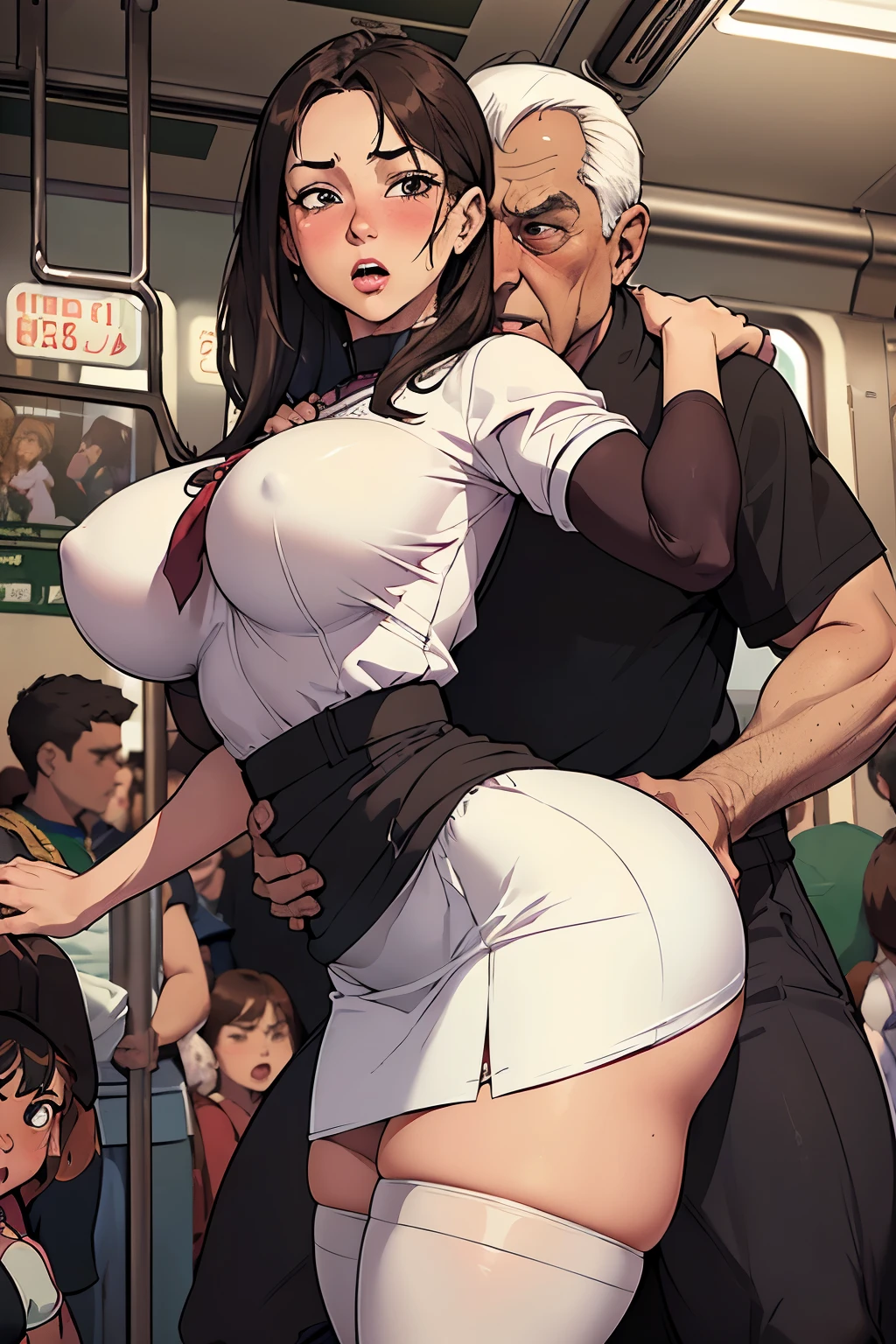 (SFW), ((photorealistic)), (masterpiece), (best quality:1.3), absurdness, [:intricate details1.3], SFW, realistic, masterpiece, (((VERY crowded subway train interior detailed scenario, VERY crowded subway train interior detailed background))), standing insanely hot (young 1) using sexy ((skirt)), ((behind skirt lifted)), ((3/4 white stockings)), ((big ass)), ((thick thighs)), ((fear/shocked expression)), (blushed face), (perfect body proportions)), old small man ass groping young small girlom behind, (((old small man pressing his chest on young woman 1 back))) and (((holding her waist behind her)))
