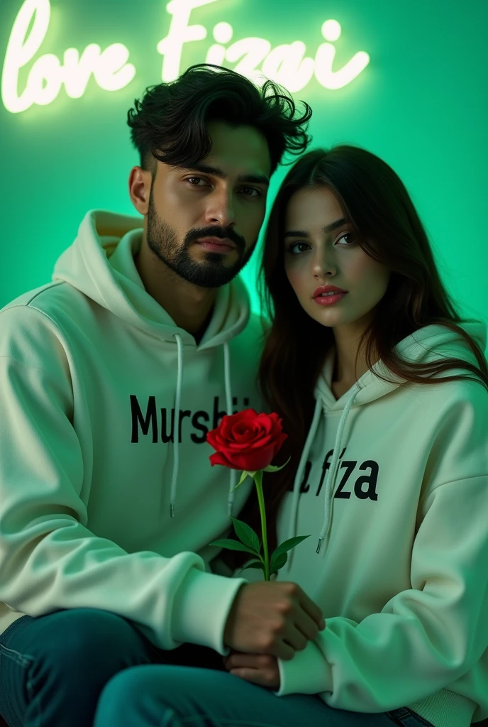 A 4k quality highly detailed Realistic portrait Handsome 28 year guy White Hoodie with 30 year beautiful women in a White Hoodie, the girl has a red rose flower in her hand and is sitting on down floor, with romantic mode, no smile, written "Murshid" in the boy hoodie and "Fiza" in girl's hoodie, and Murshid love Fiza is written on the green light glow wall with neon text text behind.