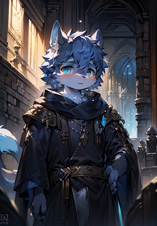 a boy with furry grey and white fur, heterochromia eyes (right purple, left blue), wearing ancient dark blue and white ceremonial robes with a black ink seal on his forehead, (tentacle pale tail), full body portrait(best quality,4k,8k,highres,masterpiece:1.2),ultra-detailed,(realistic,photorealistic,photo-realistic:1.37),detailed facial features,highly detailed fur textures,intricate details,dramatic lighting,moody atmosphere,ancient architecture,dusty environment,adventurous,exploration,fantasy,digital art