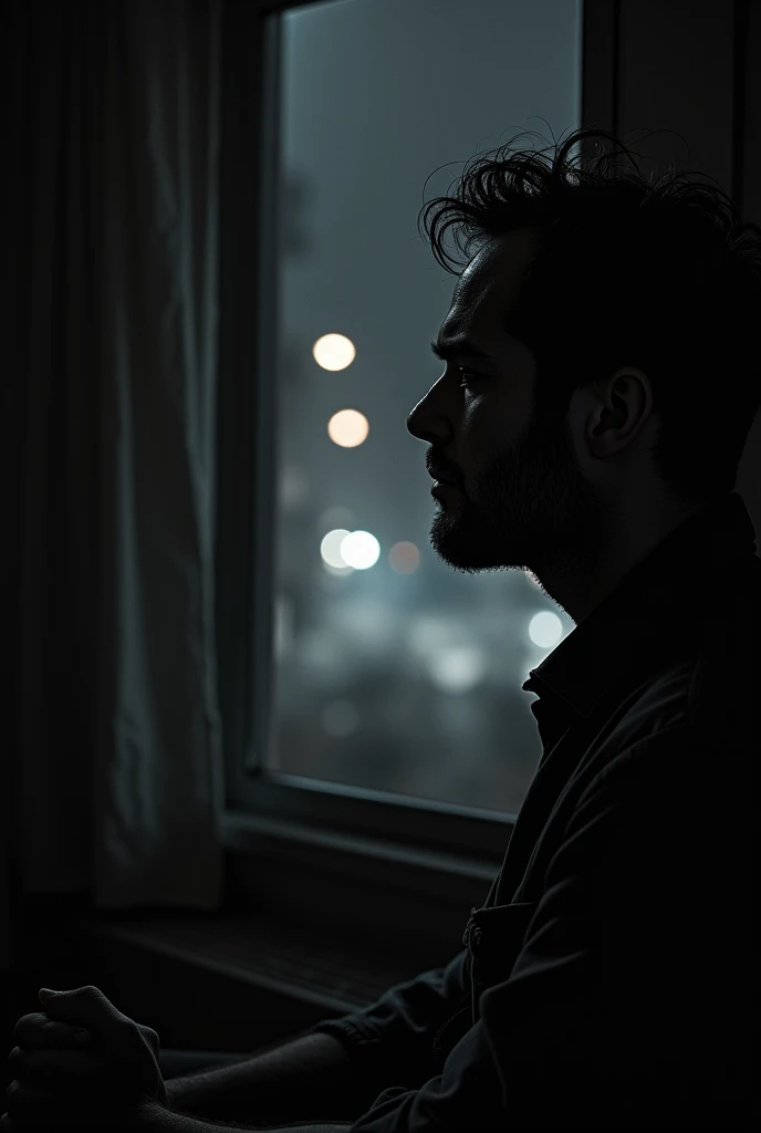 Exhausted man staring blankly at the road at night from his apartment, black and white image