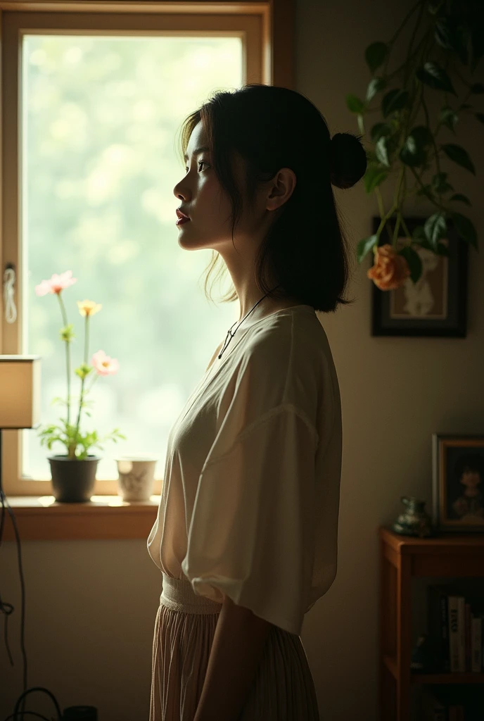 Japanese girl、analog film photo, (Create a realistic and photorealistic photo image)、whole body、Window with light、blur, tint, depth