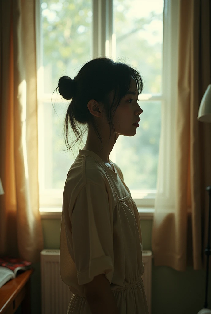 Japanese girl、analog film photo, (Create a realistic and photorealistic photo image)、whole body、Window with light、blur, tint, depth