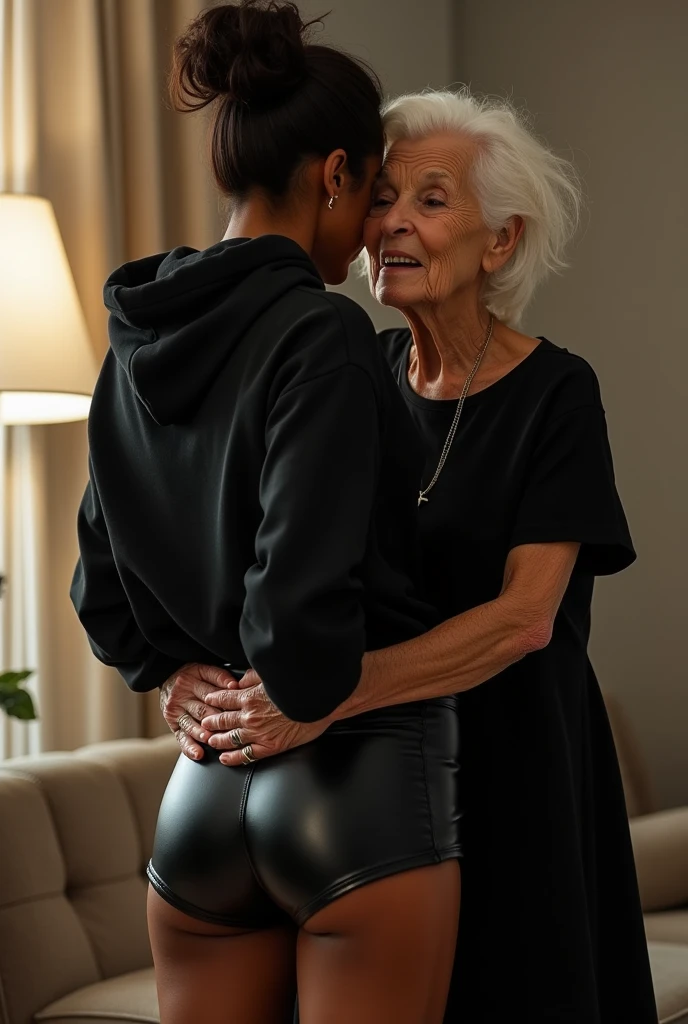 black woman hair in a bun black hoodie black leather short shorts being fucked in the ass by a old grandma in a dress