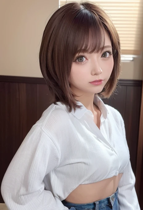 (best quality, 4K, 8k, highres, masterpiece:1.2), ultra-detailed, (realistic, photorealistic, photo-realistic:1.37), hyper detailed, extremely detailed, intricate details, sharp focus, physically-based rendering, professional, vivid colors, studio lighting、Japanese High  Girl、Natural Makeup、(Hair Color:Random)、middlehair、Inward curl、White shirt、Open shirt、sideboob、under boob