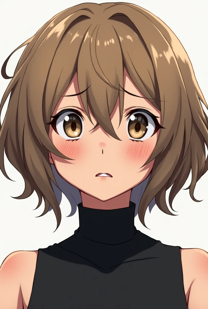boku no hero academia art style, Horikoshi art style, twenty one year old woman, short fluffy lighter brown hair, bangs split in three sections, longer strands franing bangs, hazel eyes, tired eyes, smaller slightly downturned eyes, black sleeveless turtleneck