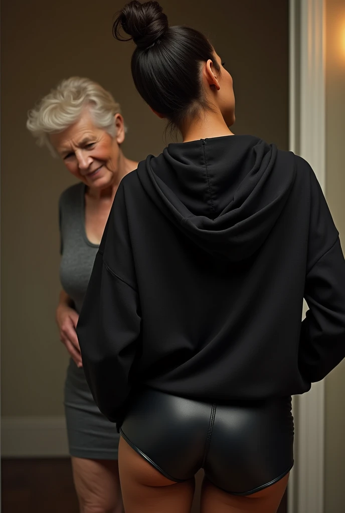 black woman hair in a bun black hoodie black leather short shorts being fucked in the ass by a old grandma in a dress