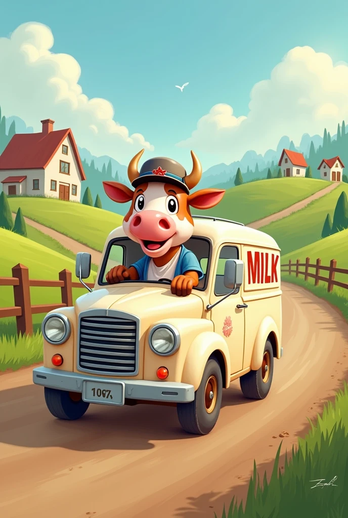 Cartoon of a cow driving a milk truck 