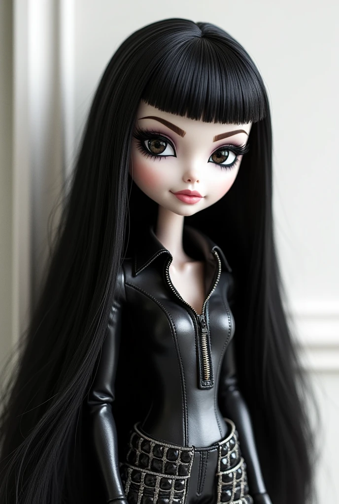 Generate a bratz doll, with long black hair, black eyes, black eyebrows, Very white skin and a complete body appearance