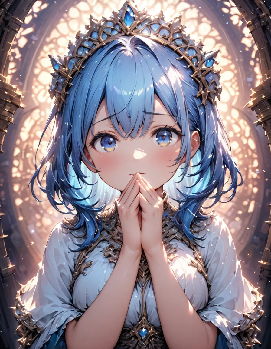 Highest quality、masterpiece、Very detailed、Finely detailed、High resolution、8k wallpaper、Fine and beautiful eyes、 girl with blue hair、Exact number of fingers、Pose with hands folded in front of chest、Hands folded in front of chest、Praying pose or expectant expression。