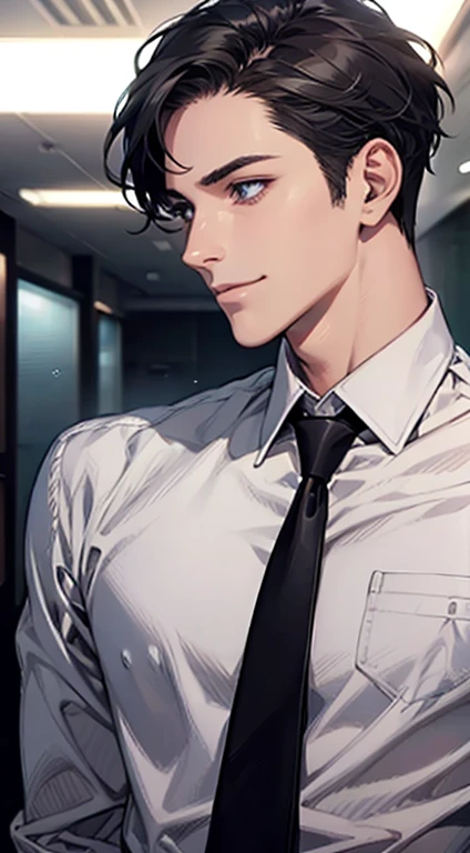 (Highest quality,4K,8K,High resolution,masterpiece:1.2),Super detailed,(Realistic,photoRealistic,photo-Realistic:1.37),1 personld,Mature Man,Beautiful skin、Profile、very handsome,Expressionless,smile,Short gray black hair,blue eyes,Sharp Eyes,A perfect face without a doubt,Businessman,Office Background,Cinema Lighting,HDR image,tie.