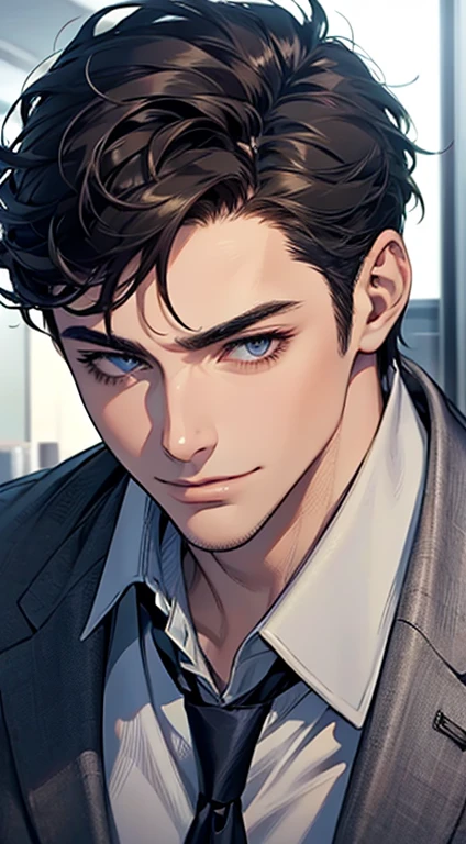 (Highest quality,4K,8K,High resolution,masterpiece:1.2),Super detailed,(Realistic,photoRealistic,photo-Realistic:1.37),1 personld,Mature Man,Beautiful skin、Profile、very handsome,Expressionless,smile,Short gray black hair,blue eyes,Sharp Eyes,A perfect face without a doubt,Businessman,Office Background,Cinema Lighting,HDR image,tie.