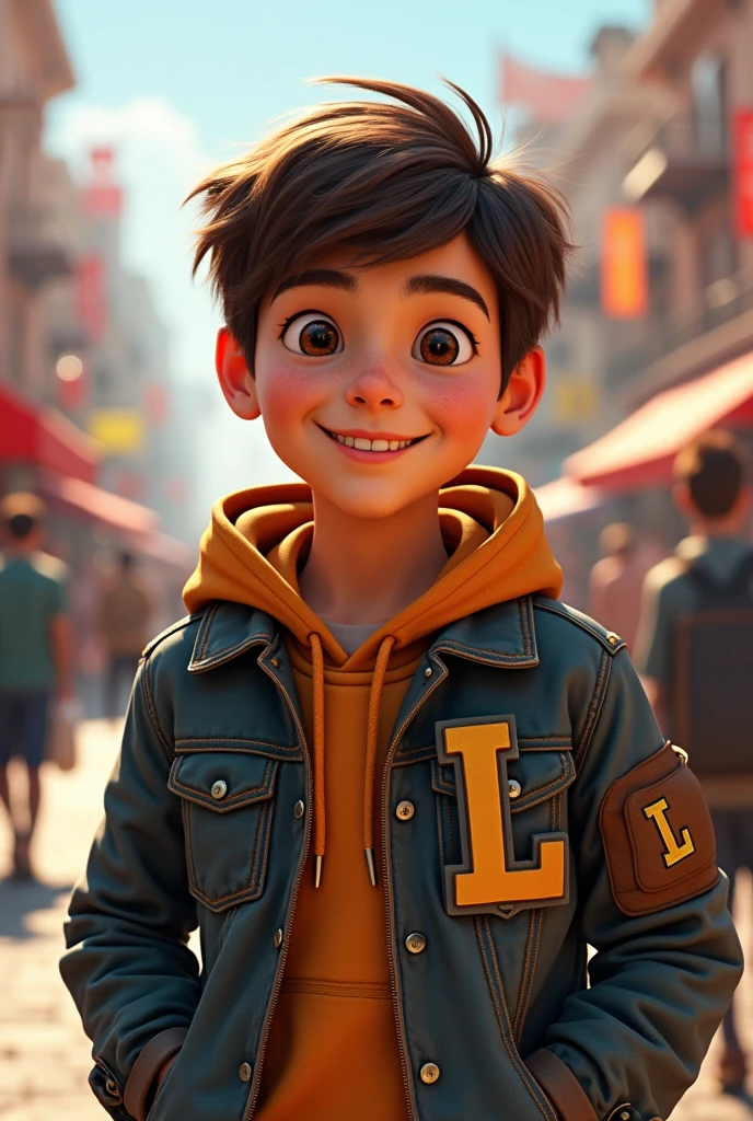 A boy with his initial L on his jacket
