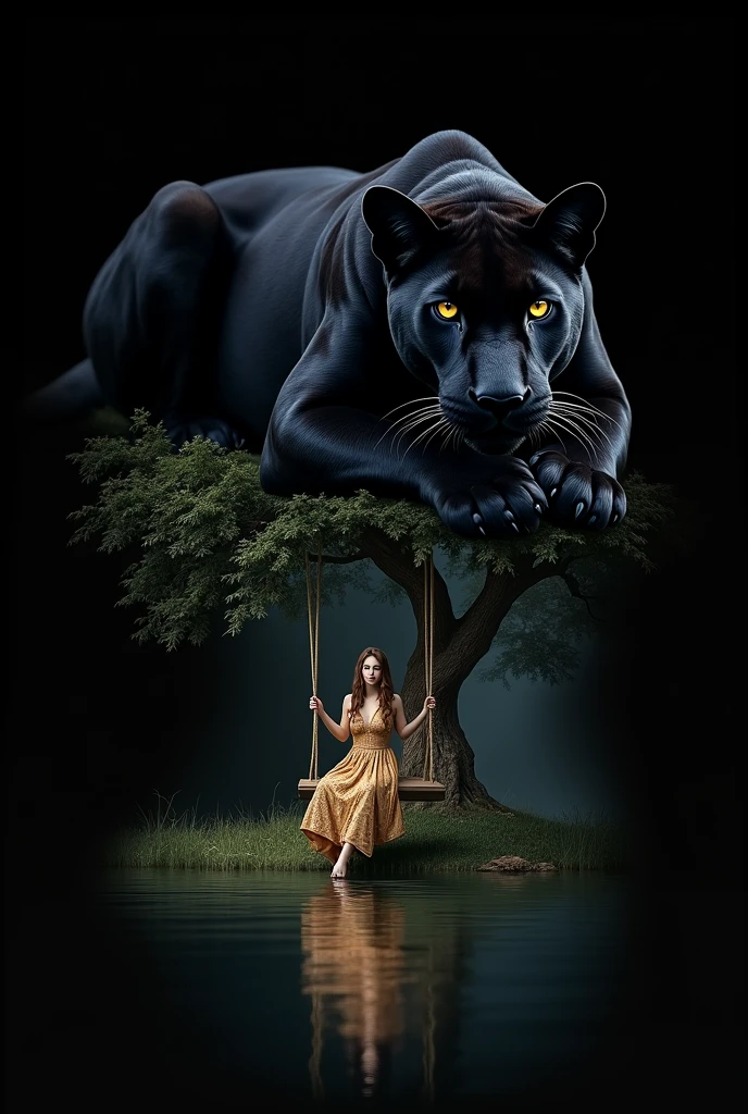 A black panther lying down at the top of the photo with a black background and at the bottom with a woman in the background sitting on a swing around a tree and a lake