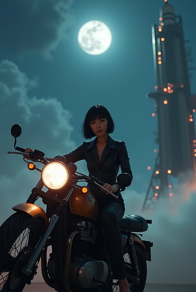 A breathtaking scene set on the night of the Mid-Autumn Festival under a bright full moon. In the foreground, a beautiful young woman from Brooklyn, dressed in a stylish jumpsuit, sits confidently on a classic café racer motorcycle. She has short black bob hair and a cool, composed expression, exuding an urban, sophisticated vibe. The background features a towering space rocket launch pad nearby, with the rocket ready for launch. The scene blends the mystique of the moonlit night with the tension and excitement of a space mission. The vintage motorcycle adds a retro touch, while the overall setting is infused with a mix of urban charm and futuristic ambition. The atmosphere is slightly misty, with the moonlight casting an ethereal glow over the entire scene.