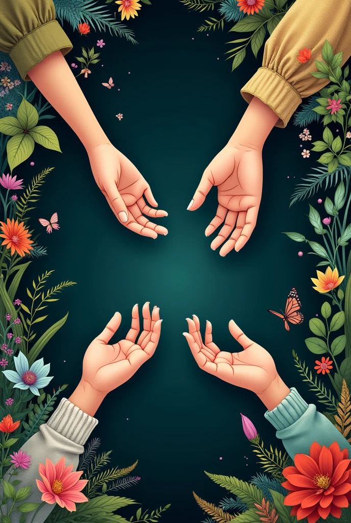 Book cover showing plants decorating the edges and two hands of a girl and a boy, united the black background with butterflies
 
 