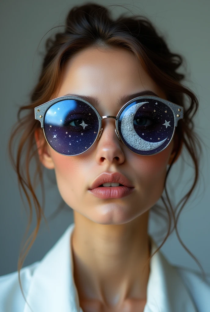 The model is wearing glass sunglasses with stars and the moon on the glass
