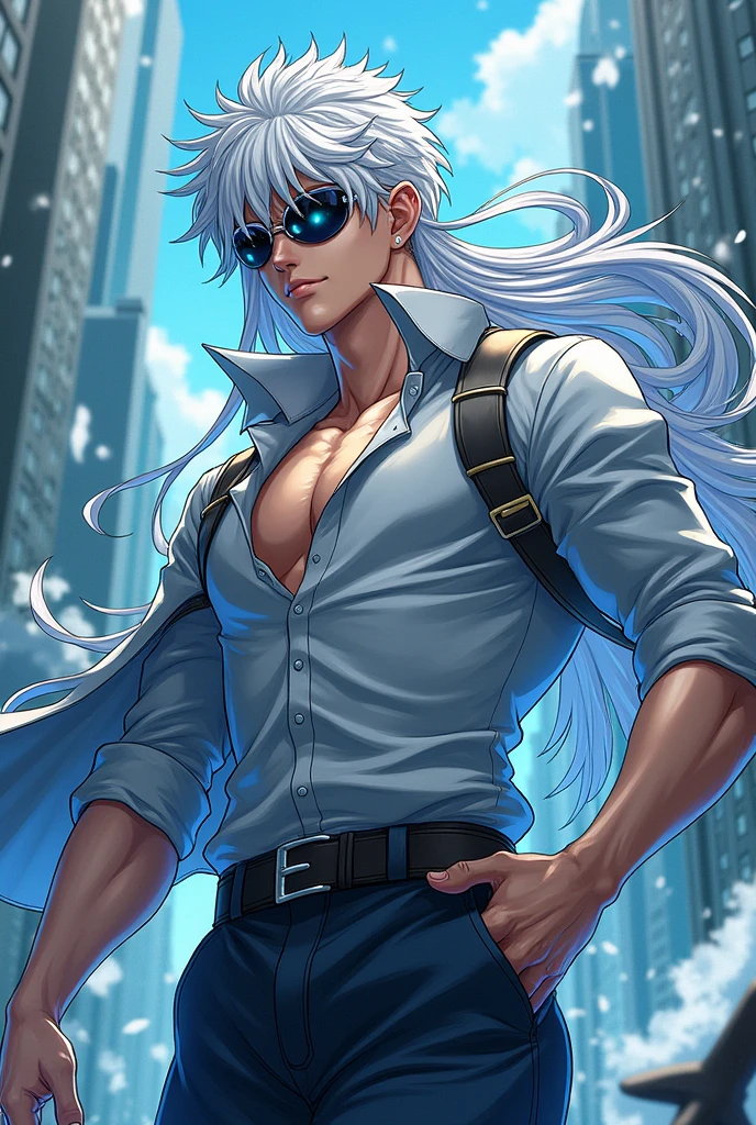 Manhwa art ,Satoru is a very tall, lean, and muscular man in his late twenties who is considered relatively attractive, mainly due to his facial features. He has snow-white hair and the Six Eyes, which are a vibrant blue color. which props up his hair and gives it a spikier appearance. Satoru wears sunglasses and lets his hair down to the base of his neck when sporting a casual look.