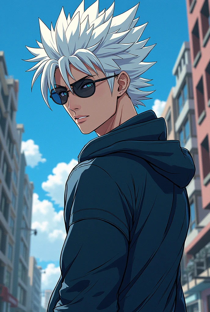 Manhwa art ,Satoru is a very tall, lean, and muscular man in his late twenties who is considered relatively attractive, mainly due to his facial features. He has snow-white hair and the Six Eyes, which are a vibrant blue color. which props up his hair and gives it a spikier appearance. Satoru wears sunglasses and lets his hair down to the base of his neck when sporting a casual look.