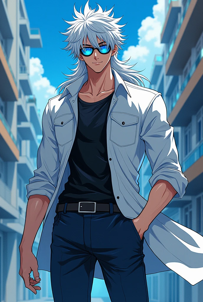 Manhwa art ,Satoru is a very tall, lean, and muscular man in his late twenties who is considered relatively attractive, mainly due to his facial features. He has snow-white hair and the Six Eyes, which are a vibrant blue color. which props up his hair and gives it a spikier appearance. Satoru wears sunglasses and lets his hair down to the base of his neck when sporting a casual look.