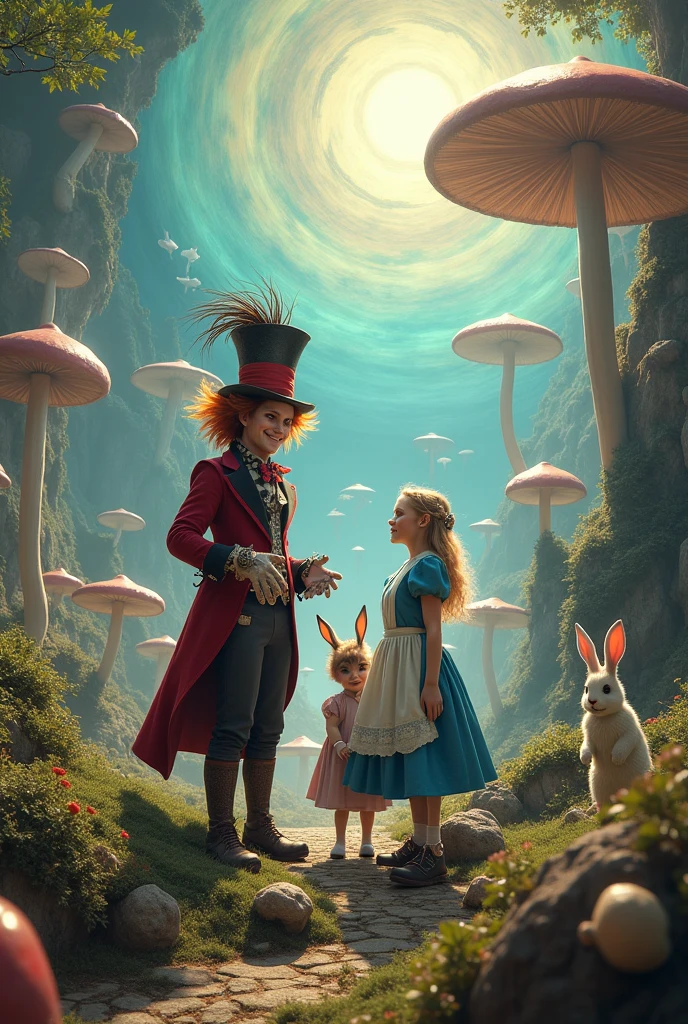 Hatter with Alice and the Rabbit and the White Queen.
