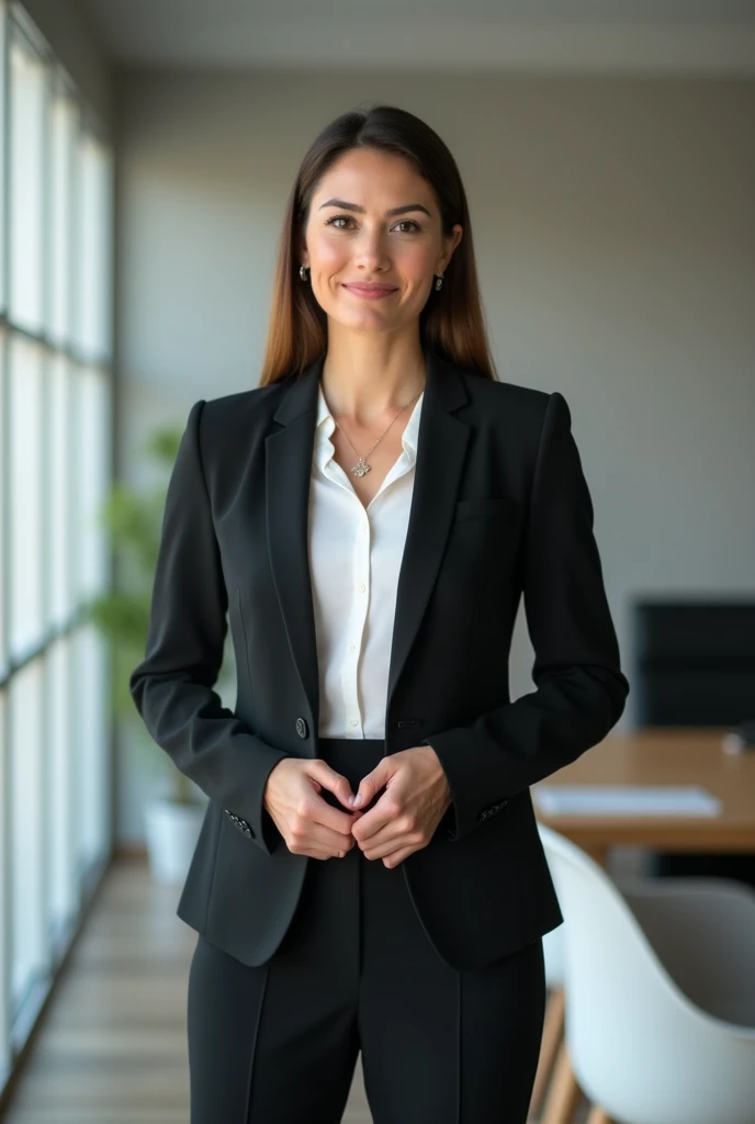 A business woman brunette, middle class, presenting facing the camera, formal lady suit for promotional announcement