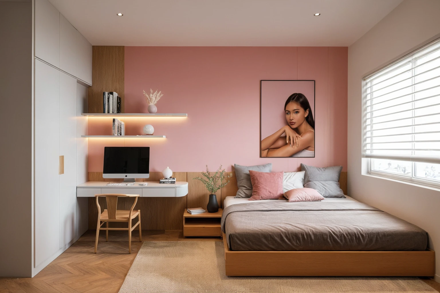 Raw photo,Masterpiece, high quality, best quality, authentic, surreal, super detail, interior, children's bedroom, wooden floor, use lots of curves, (curved wall), indoors, white wall, light pink press, (daylight:1.1), vivid color, (realistic:1.2 ),


