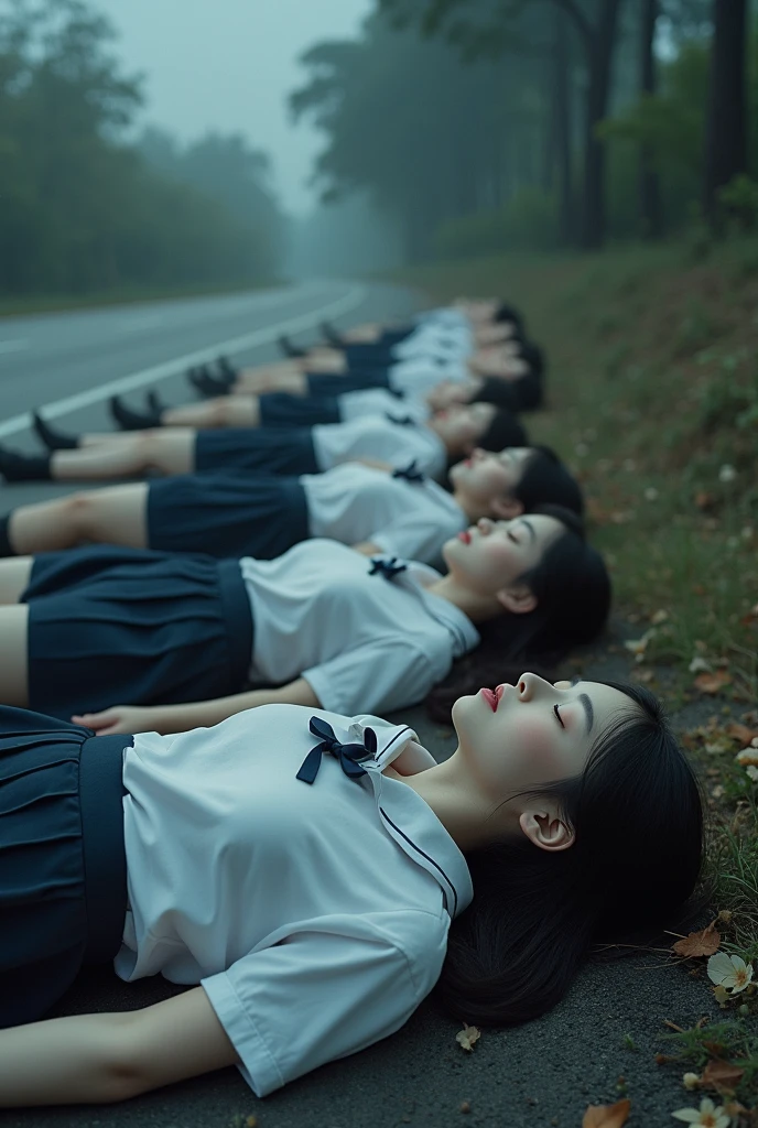 Multiple Chinese high school girl students in their school uniform dies on a large plaza, eyes closed with weapons in their hands