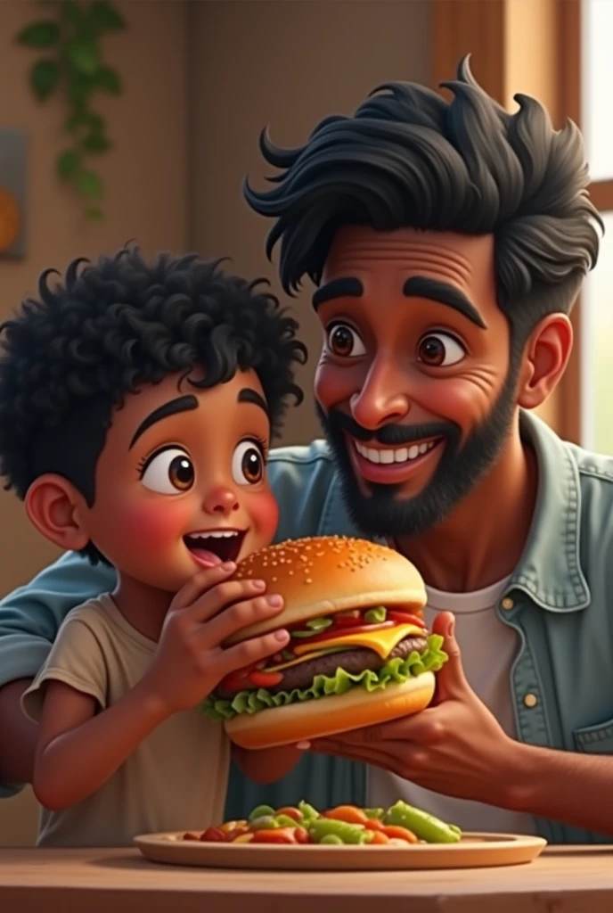 boy dark skinned man with wavy black hair and brown eyes eating hamburger