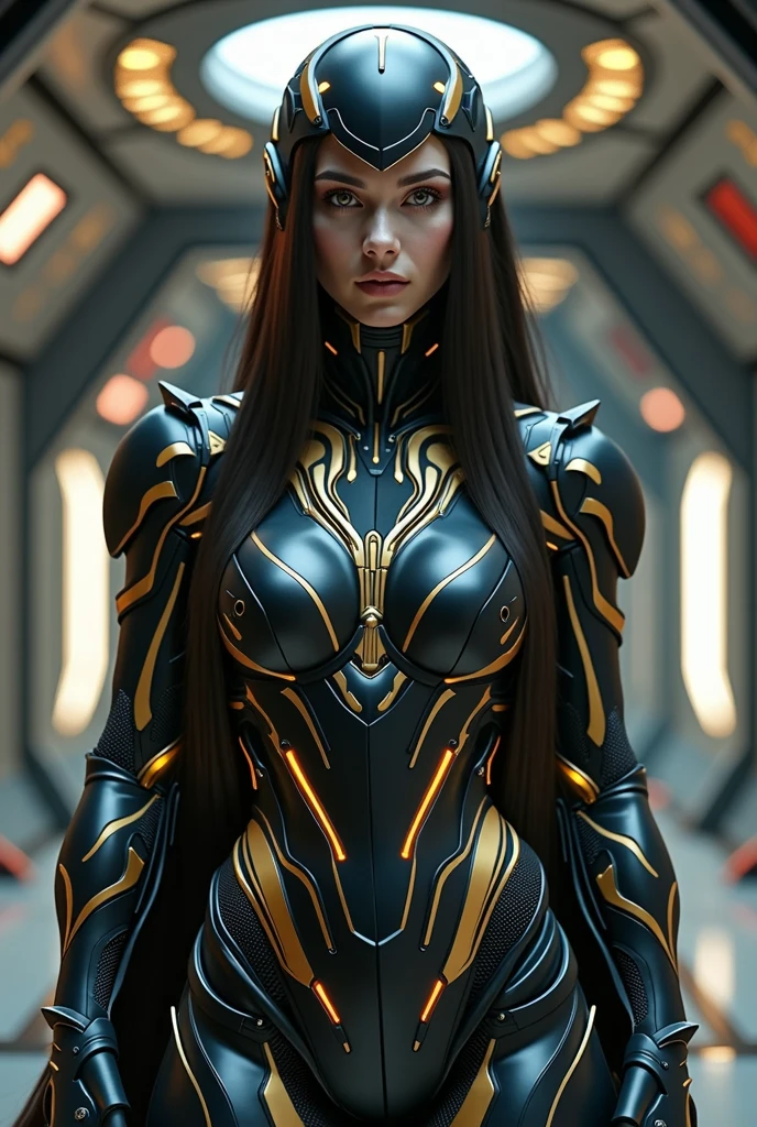 A beautiful and elegant nine-headed beauty from the East, slim , Overwatch D.va style , sexy , All black with gold pattern, Healthy beauty with muscles, Matte thin black tights covering the entire body, long straight hair, Futuristic design, Same thing, 8k , Background inside a future spaceship, Helmet with metal accents like Iron Man suit, visible face, hands, elbows, shoulders, knees, boots , No skin exposure, Draw me a sexy female combat suit. head->Full body drawing including feet. Image ratio horizontal 16: Vertical 9.
