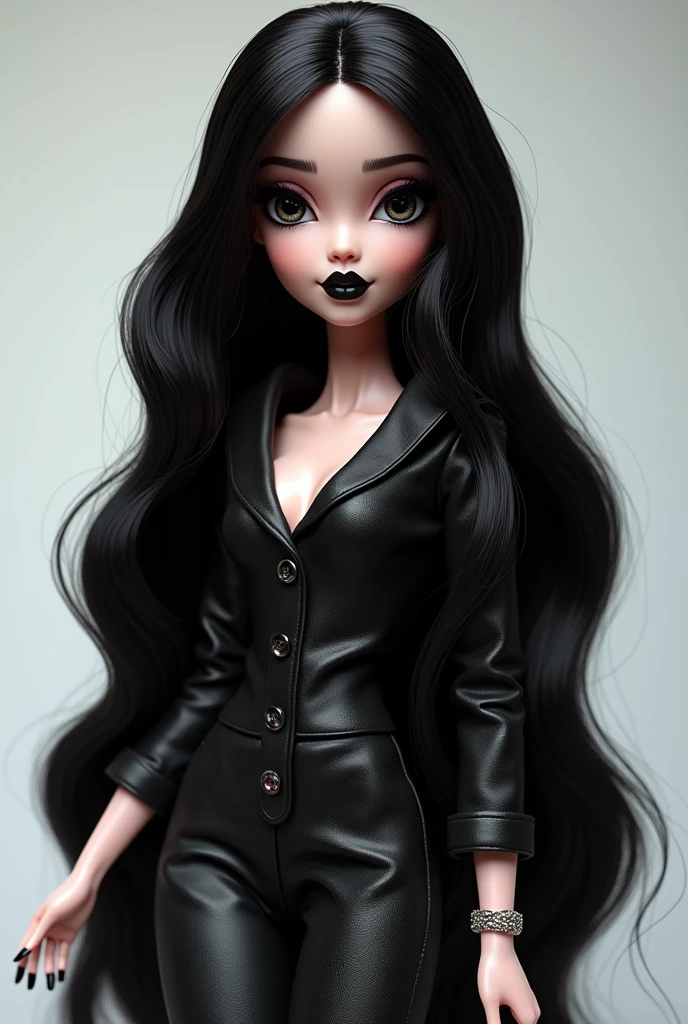 Generate a bratz doll, with long black hair, black eyes, black eyebrows, round face, Very white skin and a complete body appearance