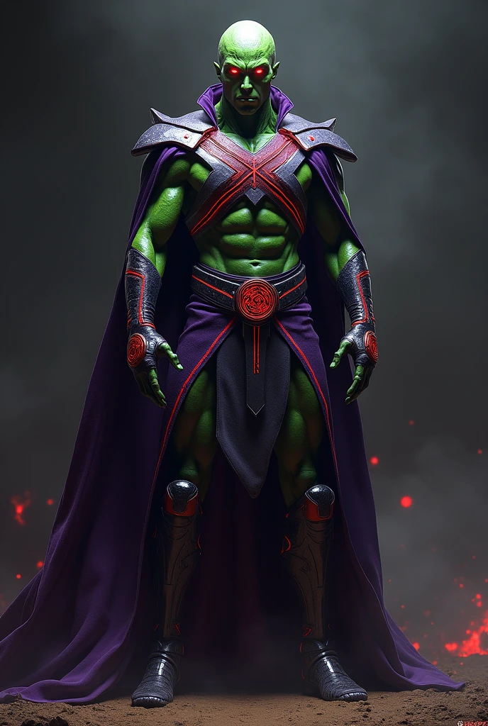 Alien features, muscular man, green skin, red glowing eyes, dark violet costume with red lines, cross harness, asterisk emblem, armor loincloth, pants, boots, flowing cape
