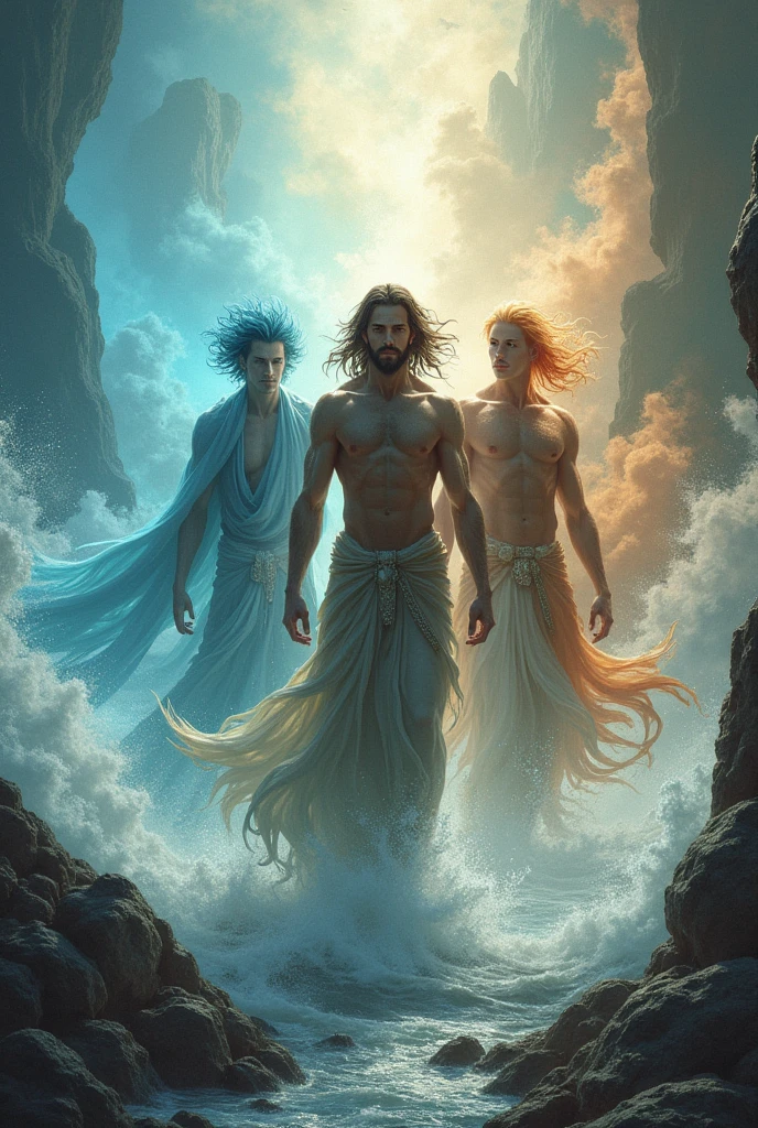 Three male gods with the power of water, wind and clay