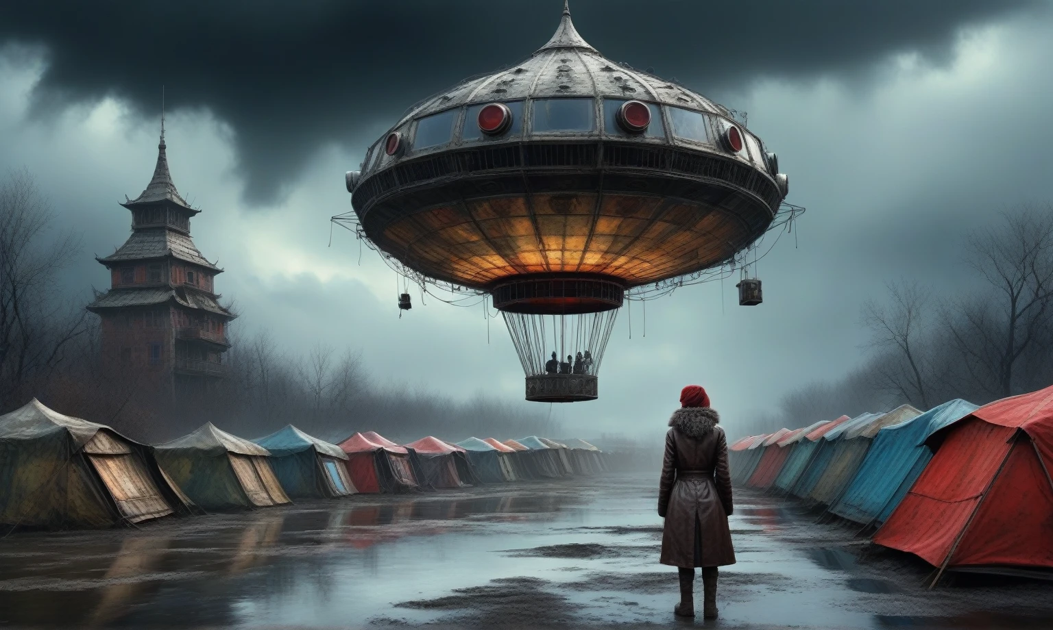 insane pilot from USSR , camouflage Rusty, after a psychiatric clinic,winter,intricate landscape,slate grey atmosphere,film grain,faded,eyes extremely detailed,another world,view from height,once pretty face,eyebrow up,full body shot,ominous landscape, Simon Stalenhag,Nicola Samori,full body shot,beggar paladium The Alien Entity,Technicolor,natural skin textures, hyper realism, hyper detailed,Extremely detailed,High contrast,Masterpiece,Realistic,Ultra Detailed, intricate details,realistic humid leather,extremly intricate,Epic Realistic, cinematic style,irina yermolova,high contrast,hdr,extremely detailed, deep night landscape,masterpiece,intricate details,faded,eyes extremely detailed, high detailed eyes,8k resolution,RAW,retina, Nikon Z9,China,tkt style, transition between two art styles, Ink painting to photorealism, Double contact, X-ray, Creative, vivid light, masterpiece, fantasy, Abstract Surrealism, super detailed, high resolution, stop:35;Her skin is pale, almost translucent,ancient rock,a hot air soars through the layers of clouds, revealing a colossal and enigmatic cityscape nestled within. The buildings in this ethereal city are adorned with intricate details and exude an aura of mystery. Above the cityscape, lend an enchanting touch to the scene. steampunk. The intricate mechanics create a sense of wonder and fascination, as if stepping into a dreamlike realism,Marta Bevacqua, ais-sinisterz, a derelict circus in the middle of a swamp, remnants of colorful tents, a silent carousel with spectral space monster, all under a sky heavy with storm clouds,Luis Duarte Art, Crimson Sci - Fi Mystique style, by Luis Duarte, Luis Duarte style, Space Art, Sci-Fic Art, NijiExpress 3D v3, Kinetic Art, Datanoshing, Oilpainting, Ink v3, Splash style, Abstract Art, Abstract Tech, Cyber Tech Elements, Metallic Effect