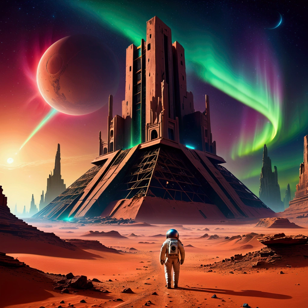 landscape, Northern Lights in the sky, Mysterious ruins of buildings of advanced alien civilization on Mars,Crumbling structure,The environment is desolate,Infinite horizon,Atmospheric perspective,(Astronaut explorer),Weird atmosphere,(Strange symbols),Surreal landscape, Unobstructed panoramic views,dusty red sand,Distant starry sky,(Sci-fi concept art),(Highest quality detailed illustrations,4K,high resolution,masterpiece:1.2),High Dynamic Range,