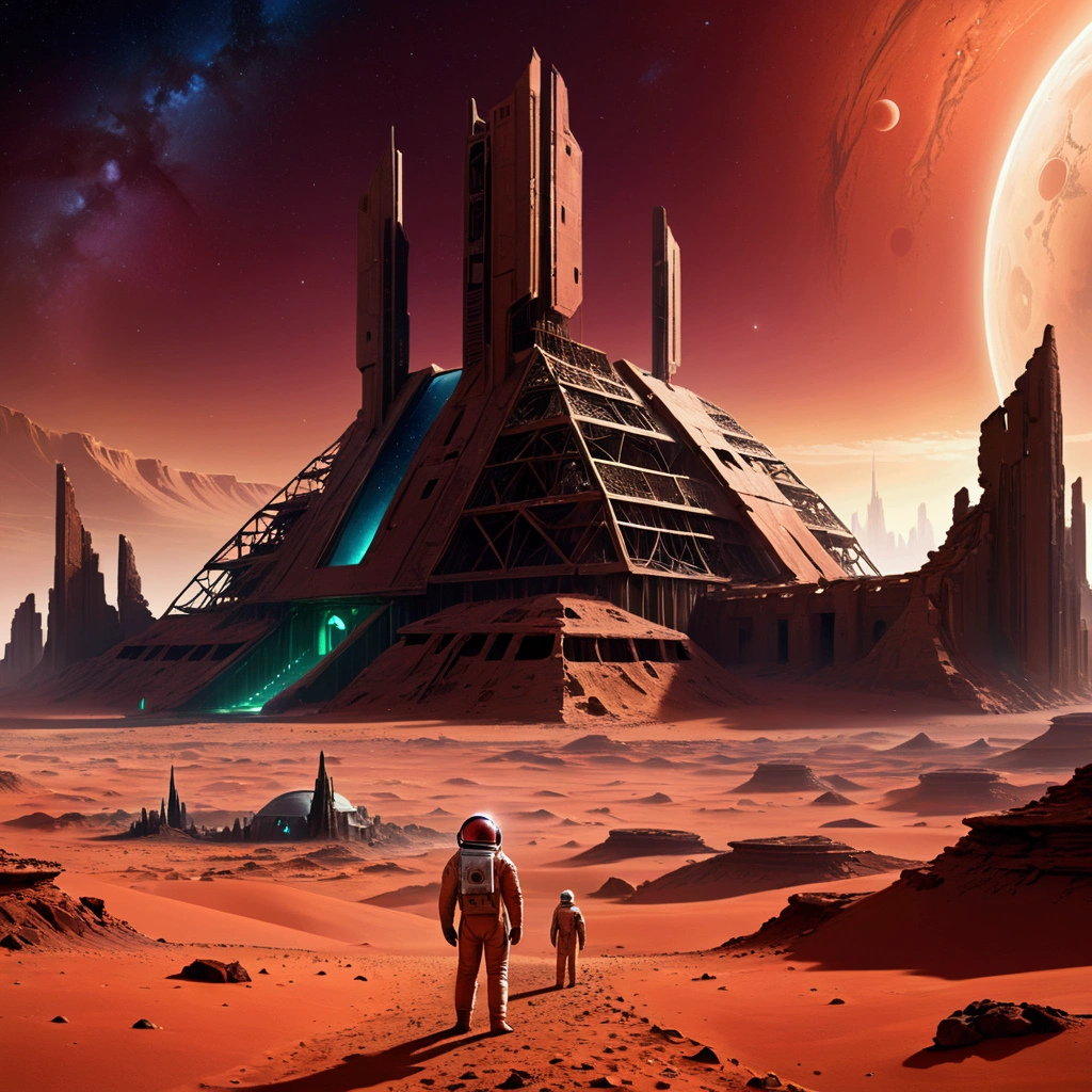 landscape, Northern Lights in the sky, Mysterious ruins of buildings of advanced alien civilization on Mars,Crumbling structure,The environment is desolate,Infinite horizon,Atmospheric perspective,(Astronaut explorer),Weird atmosphere,(Strange symbols),Surreal landscape, Unobstructed panoramic views,dusty red sand,Distant starry sky,(Sci-fi concept art),(Highest quality detailed illustrations,4K,high resolution,masterpiece:1.2),High Dynamic Range,