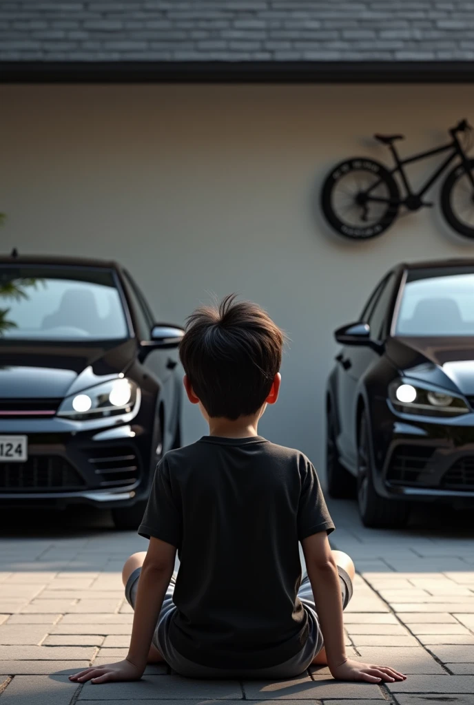 Realistic photo of a black haired boy, sitting with back, watching a black golf r32 and a matte black tguan parked in front in a garage and in the background, On the wall a black road bike and a mountain bike