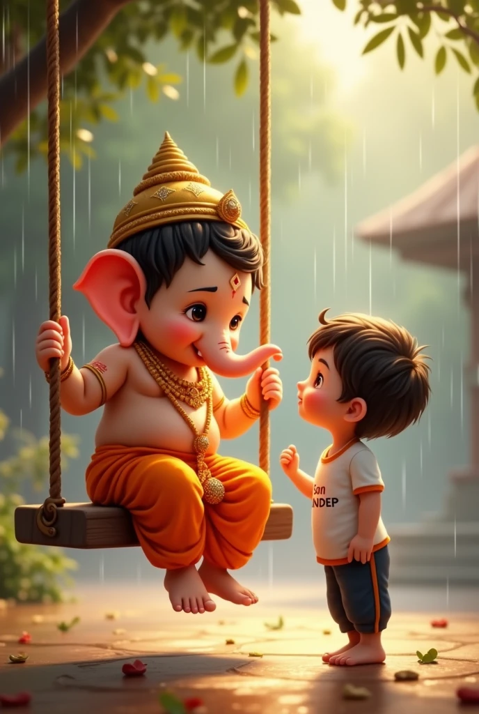 "A beautiful scene featuring Lord Ganesha sitting on a swing, depicted in a childlike form. He is holding a modak in one hand, adorned in traditional golden jewelry and an orange dhoti. Beside him stands a small boy with short brown hair, wearing a white T-shirt with the Name 'SANDEEP' printed on it and dark pants. The boy gazes up at Lord Ganesha with curiosity and affection. The background shows a serene temple setting, with gentle rain falling, adding to the peaceful and heartwarming atmosphere."