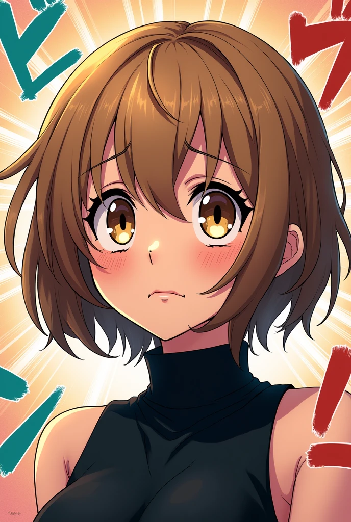 boku no hero academia art style, Horikoshi art style, twenty one year old woman, short fluffy lighter brown hair, bangs split in three sections, longer strands franing bangs, hazel eyes, tired eyes, smaller slightly downturned eyes, black sleeveless turtleneck, fake manga page